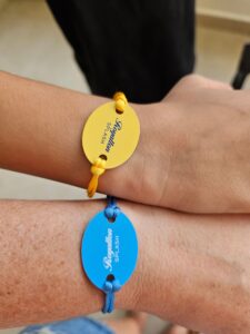 Two people showing their wristbands at royalton splash riviera cancun